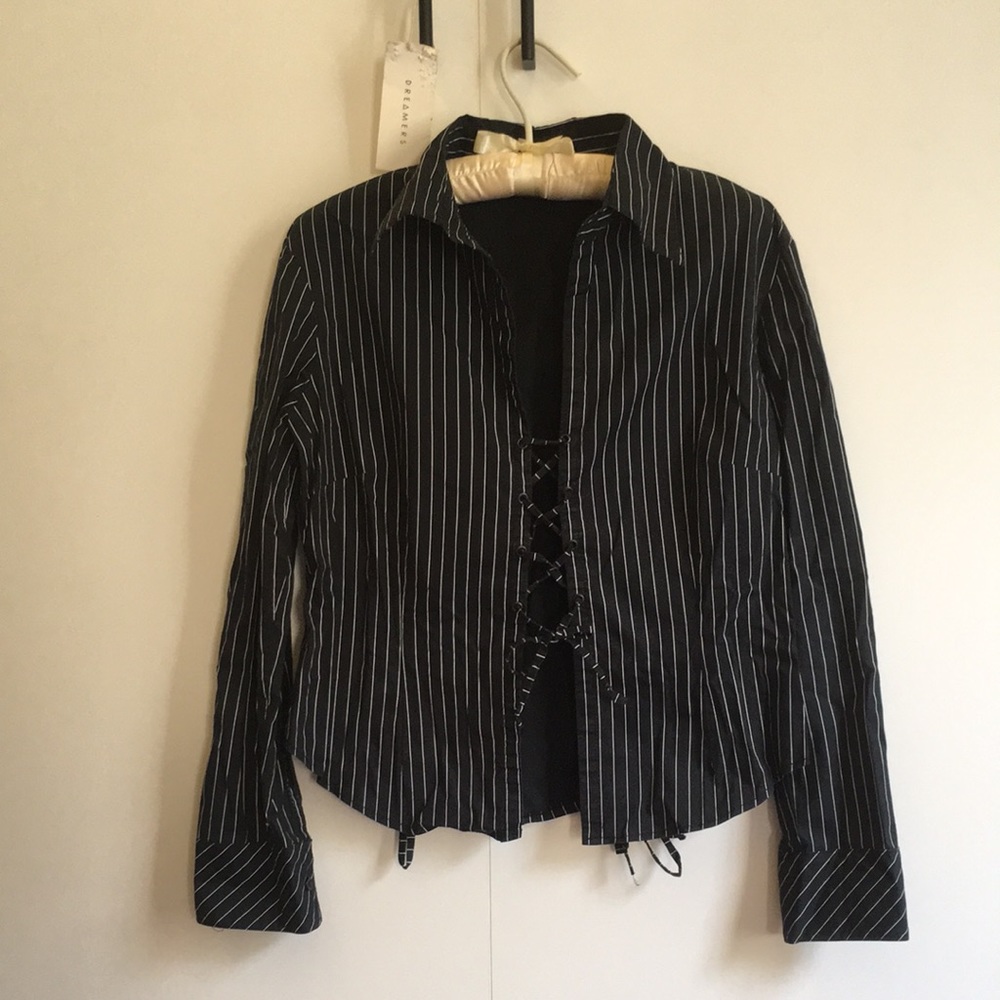 Awesome Pinstripe Work Shirt with Corset Details Front and Back